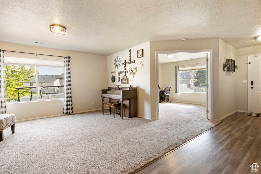 Home office featuring visible vents, baseboards, carpet floors, and a textured ceiling