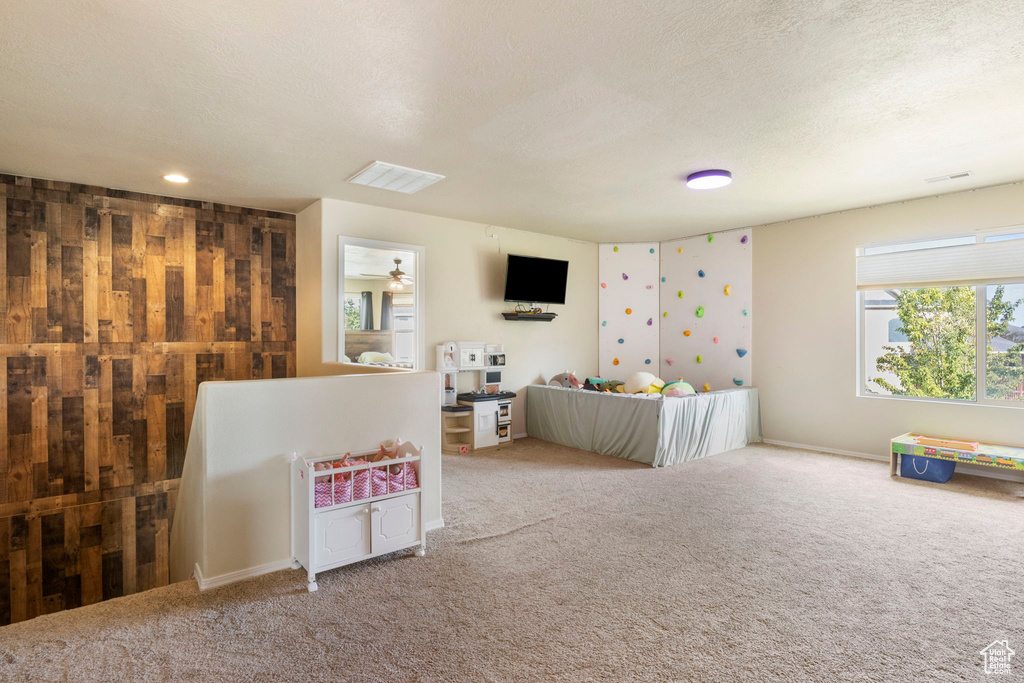 Recreation room featuring wooden walls, visible vents, carpet floors, and a textured ceiling