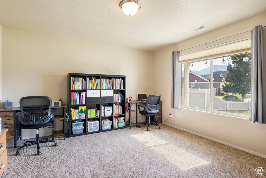 Home office featuring visible vents, carpet floors, and baseboards