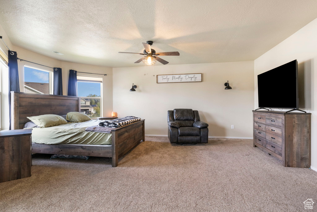 Carpeted bedroom featuring a ceiling fan, baseboards, and a textured ceiling