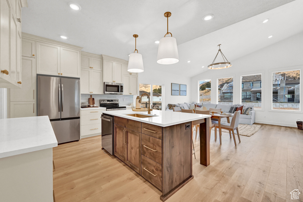 Kitchen with light wood finished floors, vaulted ceiling, appliances with stainless steel finishes, and a sink