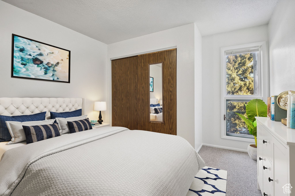 Bedroom featuring light colored carpet, baseboards, and a textured ceiling