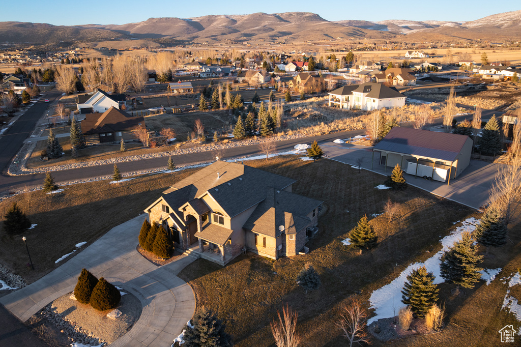Aerial view featuring a mountain view and a residential view