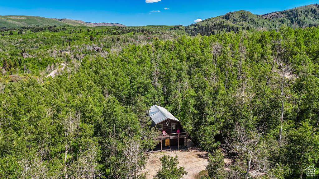 Aerial view of property and surrounding area with a heavily wooded area and a mountain backdrop