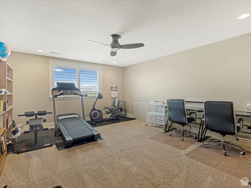 Home office with visible vents, a ceiling fan, a textured ceiling, recessed lighting, and baseboards