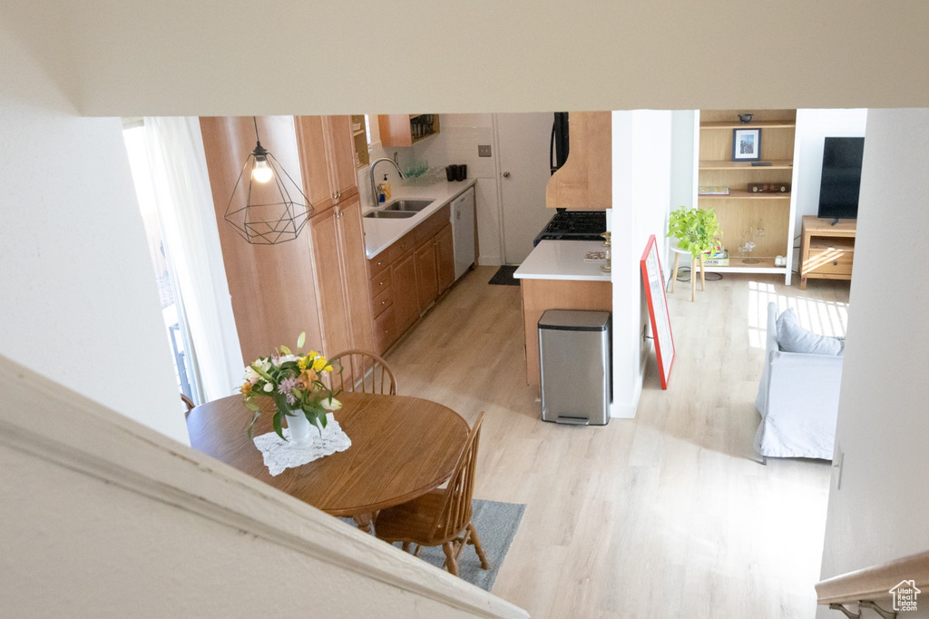 Kitchen featuring light wood finished floors, dishwasher, light countertops, and a sink