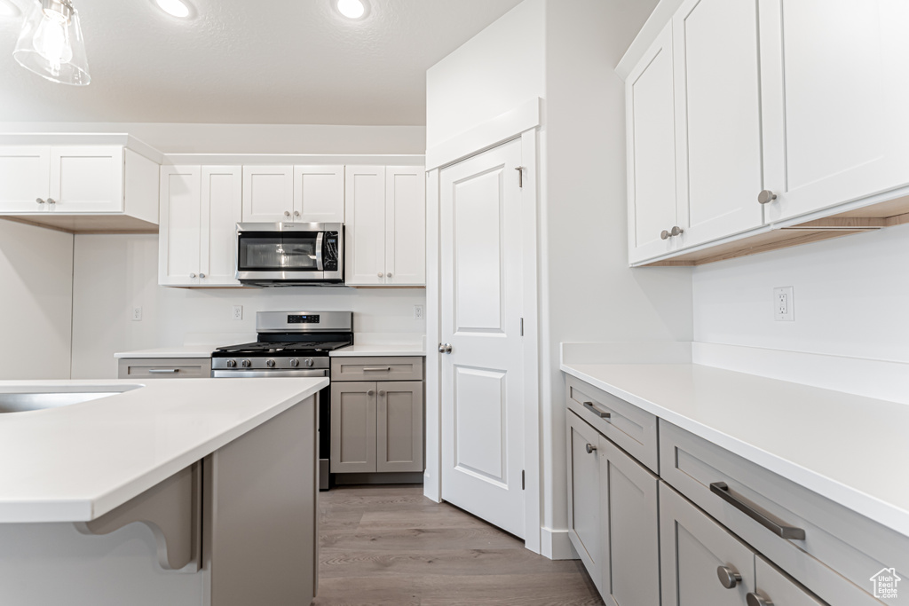 Kitchen with stainless steel appliances, light wood-style flooring, gray cabinets, recessed lighting, and light countertops