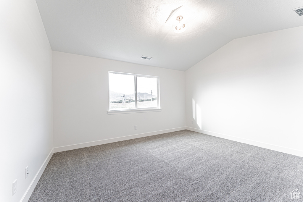 Empty room featuring vaulted ceiling, carpet, and a textured ceiling