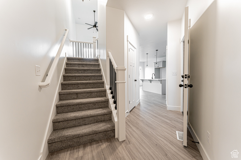 Staircase featuring ceiling fan and wood finished floors