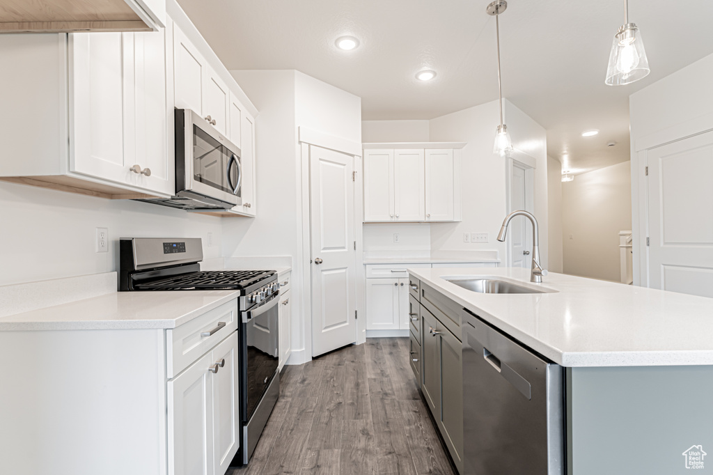 Kitchen with stainless steel appliances, wood finished floors, light countertops, recessed lighting, and pendant lighting