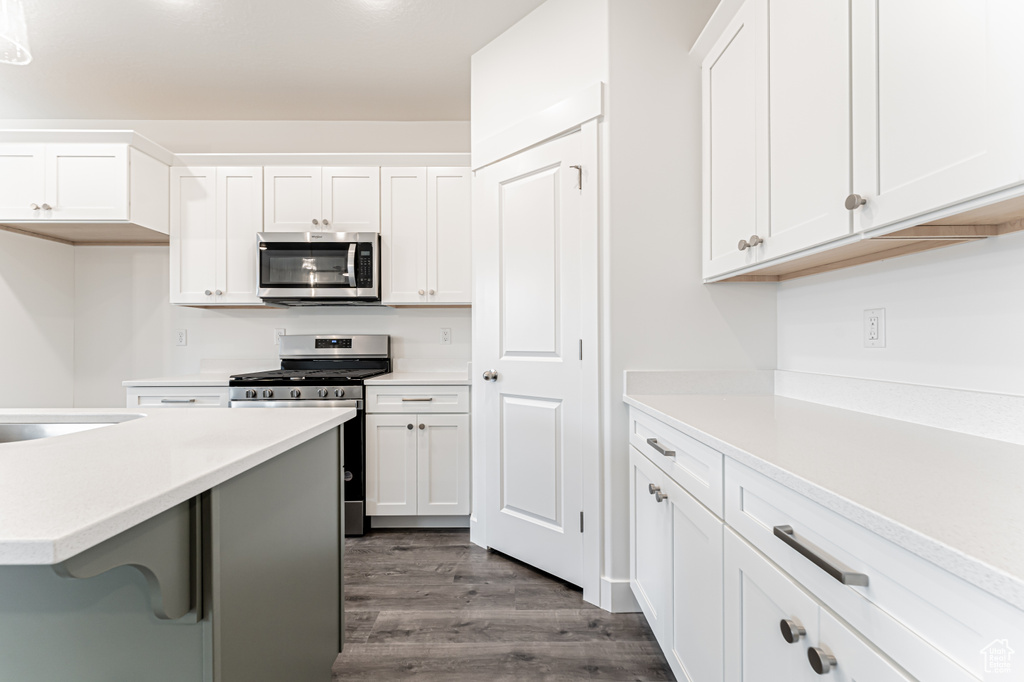 Kitchen with stainless steel appliances, dark wood-style floors, white cabinetry, and light countertops