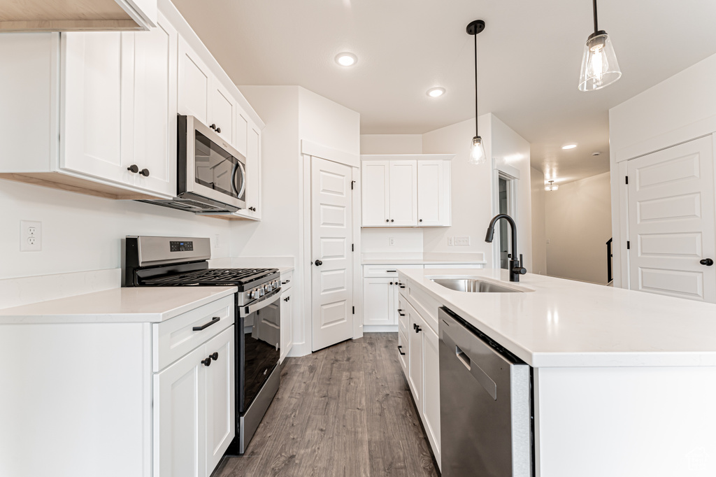 Kitchen featuring stainless steel appliances, wood finished floors, a kitchen island with sink, recessed lighting, and light countertops
