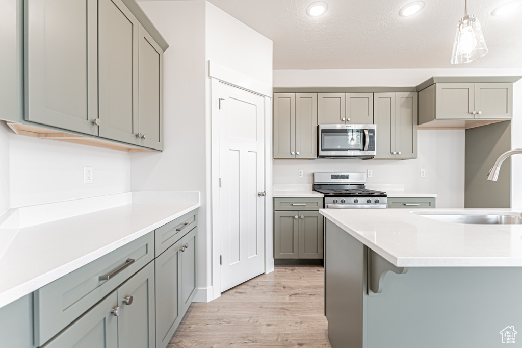Kitchen with stainless steel appliances, gray cabinets, light wood-style flooring, light countertops, and recessed lighting