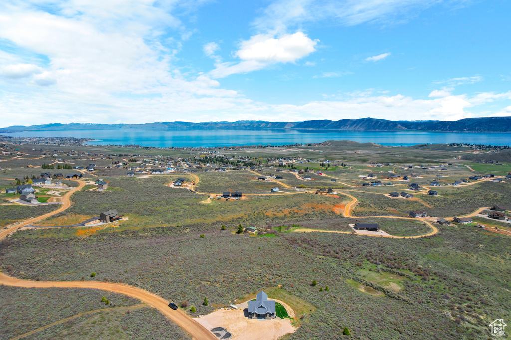 Aerial view of a water and mountain view