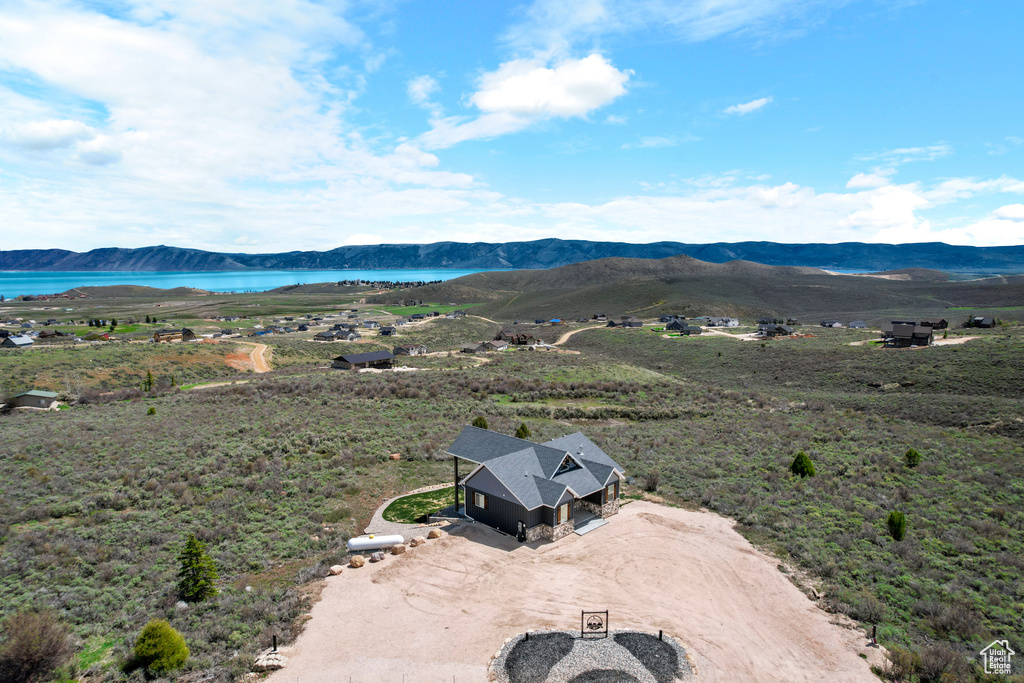 Aerial view of a water and mountain view