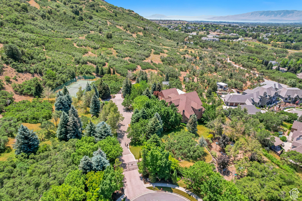 Aerial view of residential area with a mountain backdrop