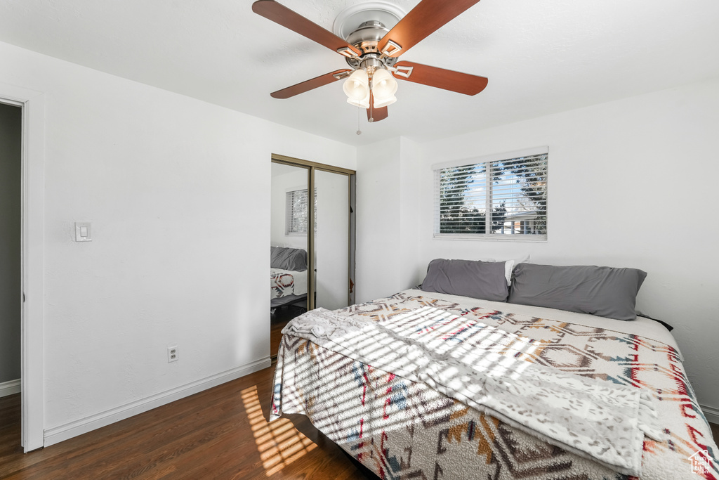Bedroom featuring ceiling fan, wood finished floors, a closet, and baseboards