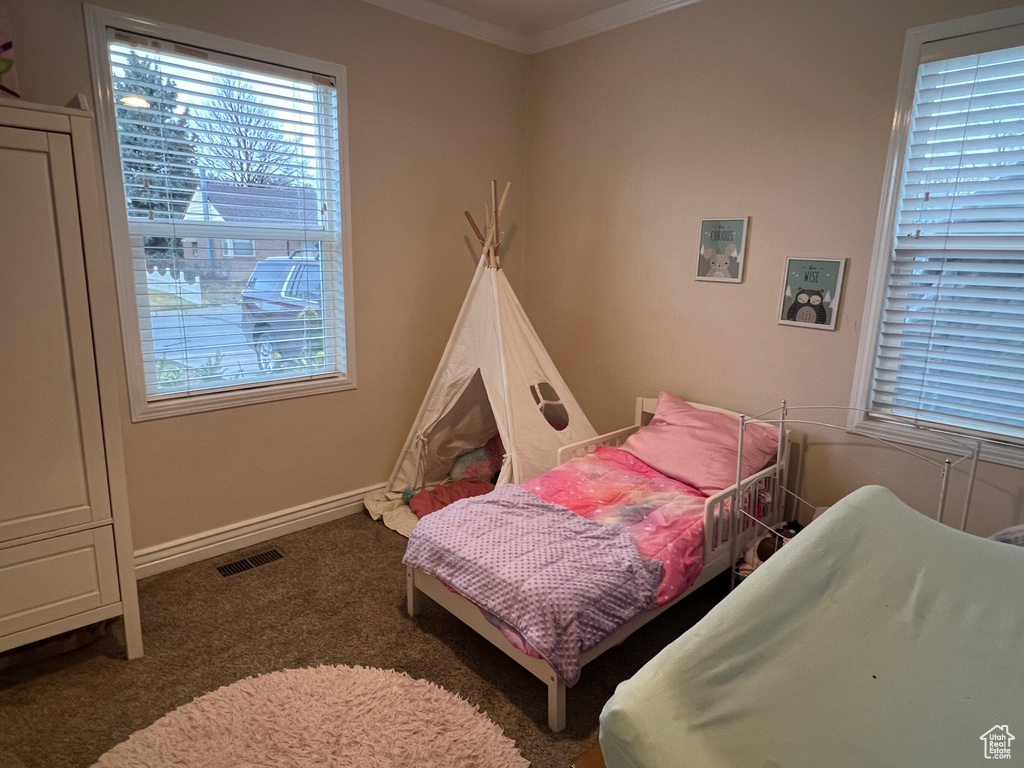 Bedroom with baseboards, carpet, visible vents, and ornamental molding