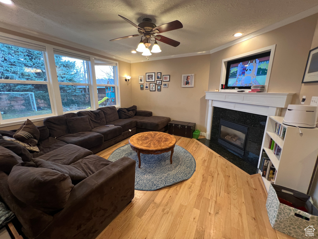 Living room featuring a fireplace with flush hearth, a textured ceiling, crown molding, and wood finished floors