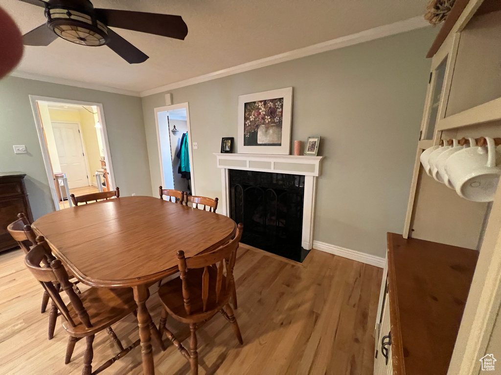 Dining space featuring a fireplace with flush hearth, a ceiling fan, crown molding, light wood finished floors, and baseboards