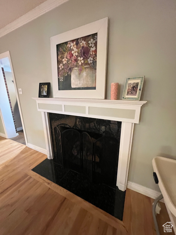 Details featuring ornamental molding, a fireplace, baseboards, and wood finished floors