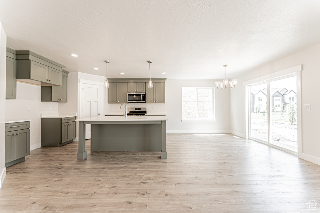 Kitchen with stainless steel appliances, a chandelier, gray cabinetry, light wood-style flooring, and recessed lighting