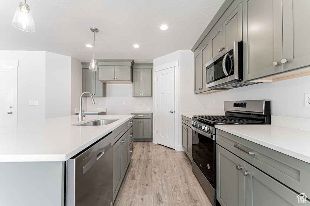 Kitchen with stainless steel appliances, gray cabinets, light wood-style flooring, light countertops, and recessed lighting