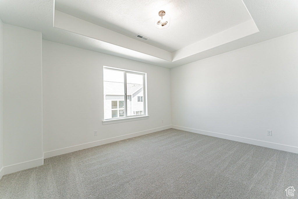 Empty room featuring a tray ceiling and light carpet