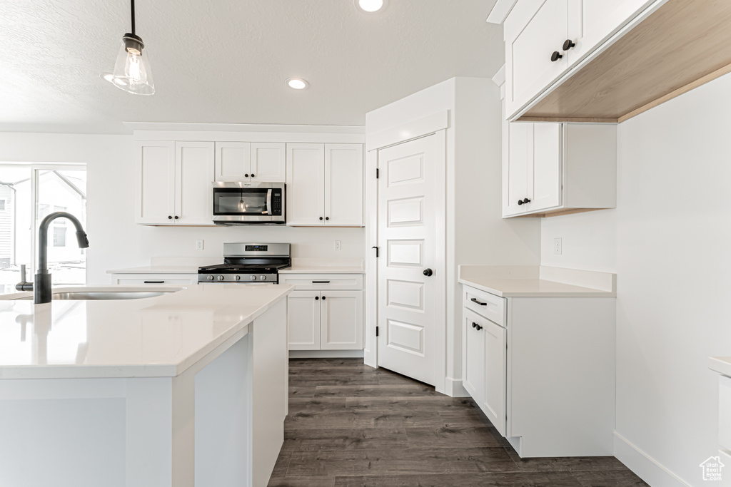 Kitchen with stainless steel appliances, dark wood finished floors, recessed lighting, light countertops, and decorative light fixtures