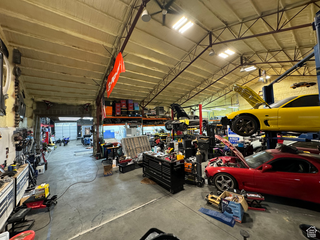 Garage with a workshop area