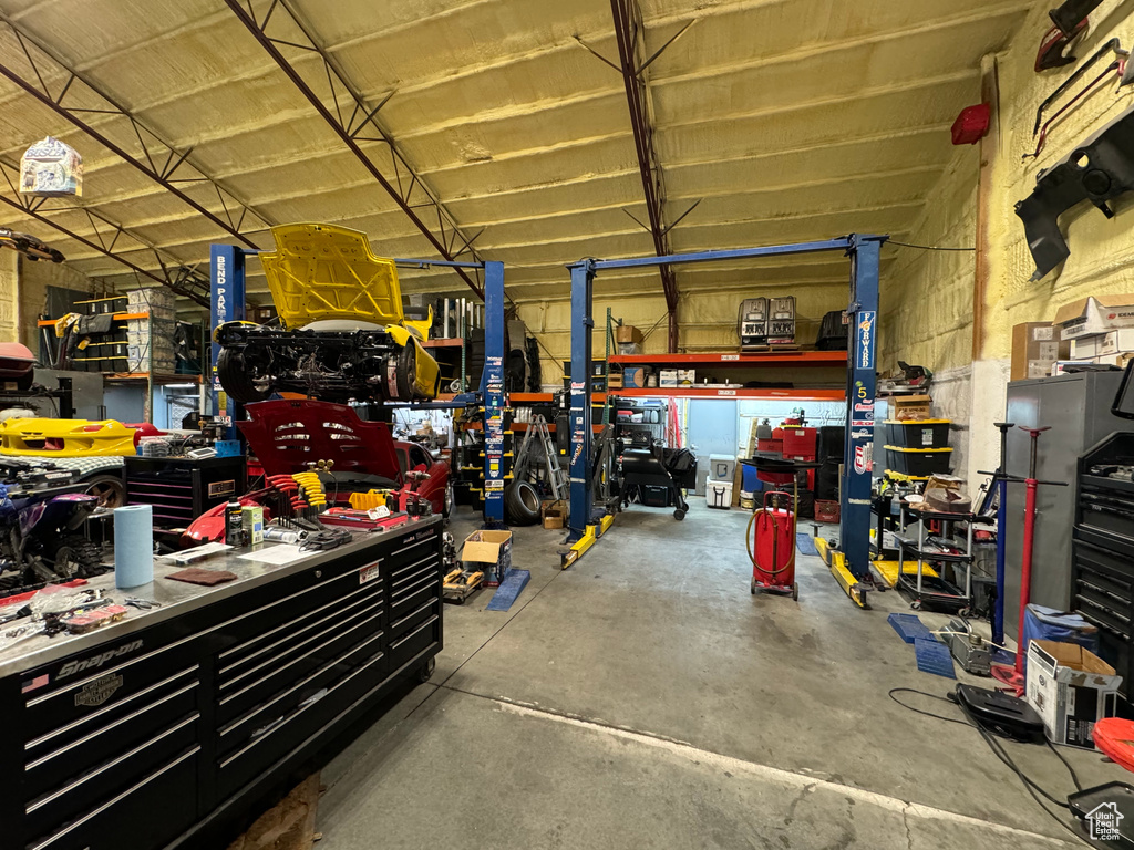 Garage with a workshop area