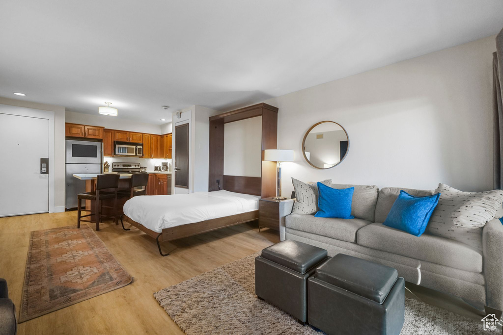 Living area featuring recessed lighting and light wood-style floors