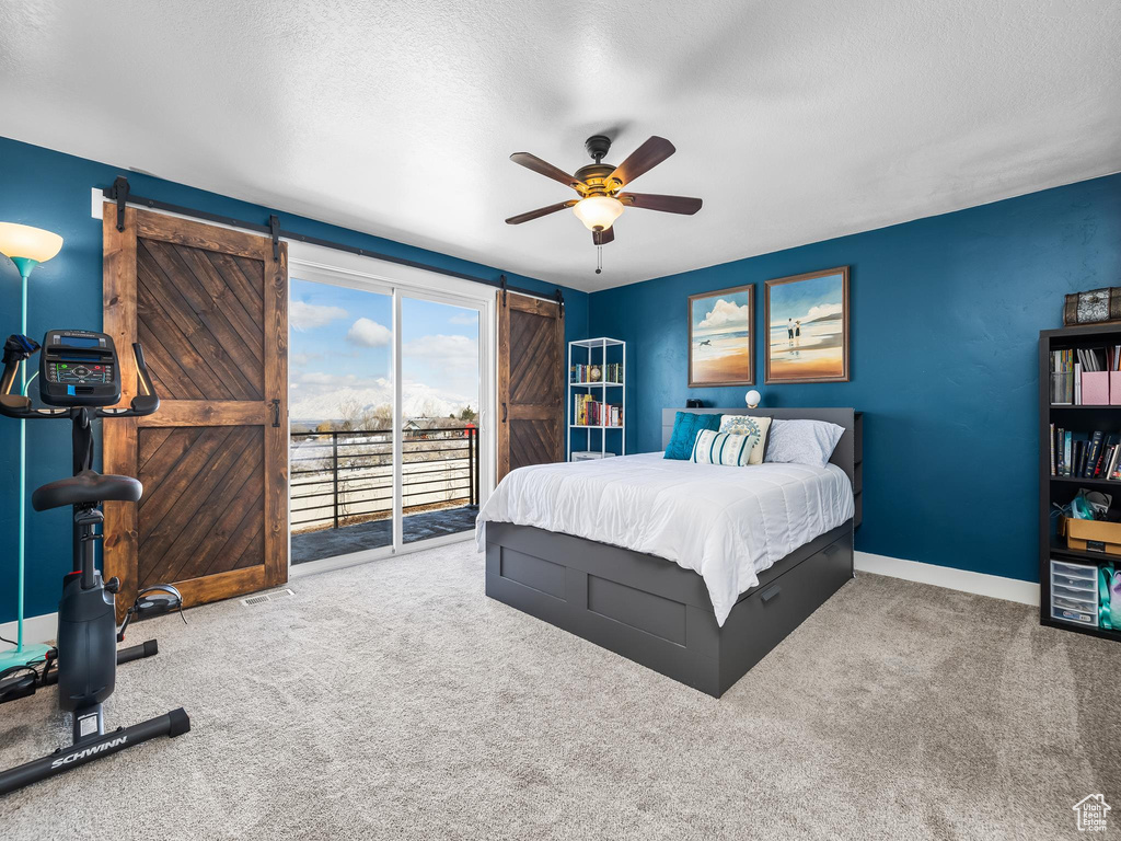 Bedroom with baseboards, carpet floors, access to exterior, a textured ceiling, and a barn door