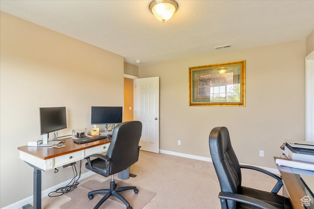 Office featuring baseboards and light colored carpet