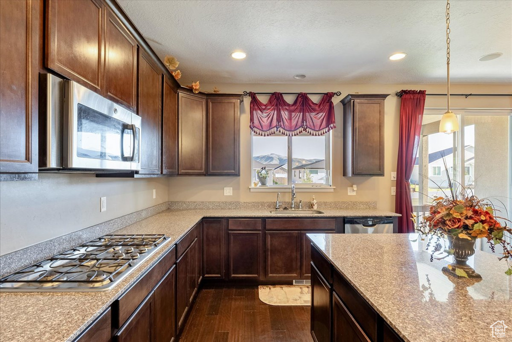 Kitchen with appliances with stainless steel finishes, healthy amount of natural light, dark wood-style flooring, a sink, and recessed lighting