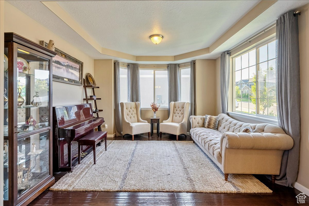 Living area with wood finished floors, baseboards, and a tray ceiling
