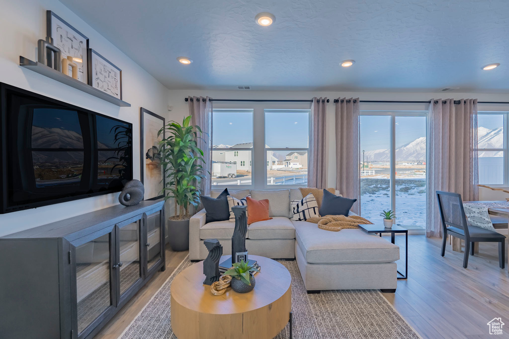 Living area featuring recessed lighting and light wood-style floors