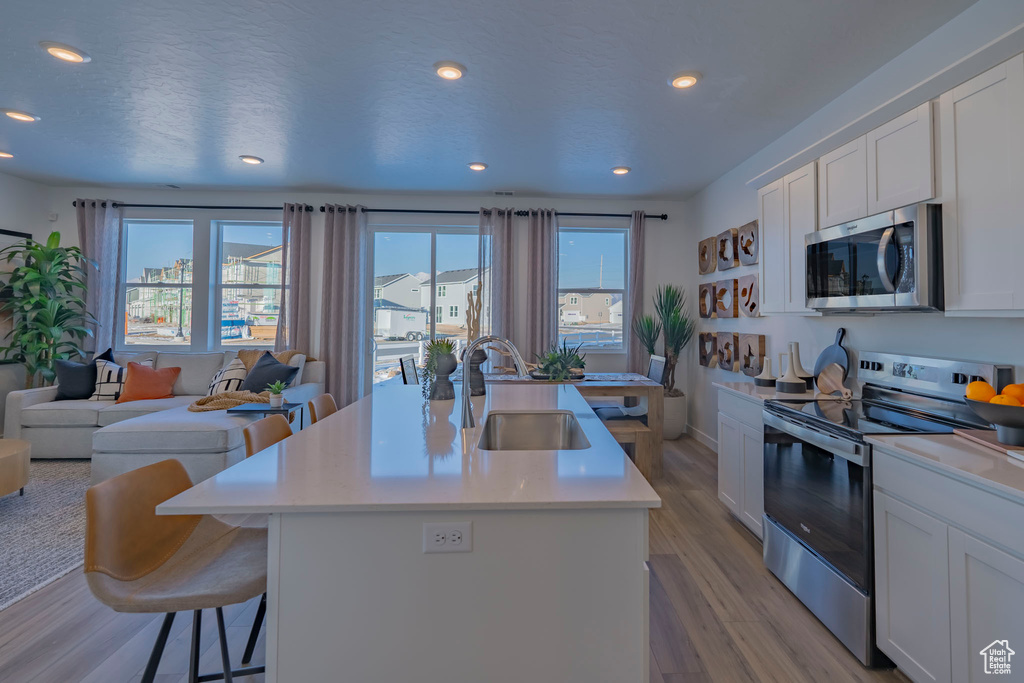 Kitchen featuring light wood finished floors, open floor plan, light countertops, stainless steel appliances, and a sink