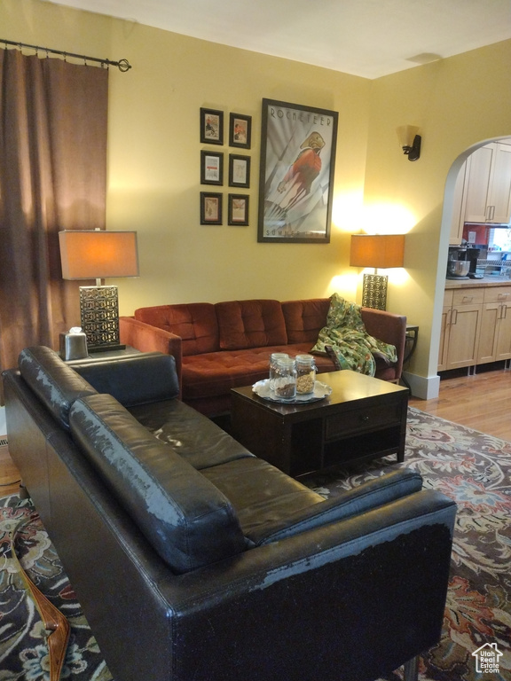 Living room featuring light wood-type flooring and arched walkways