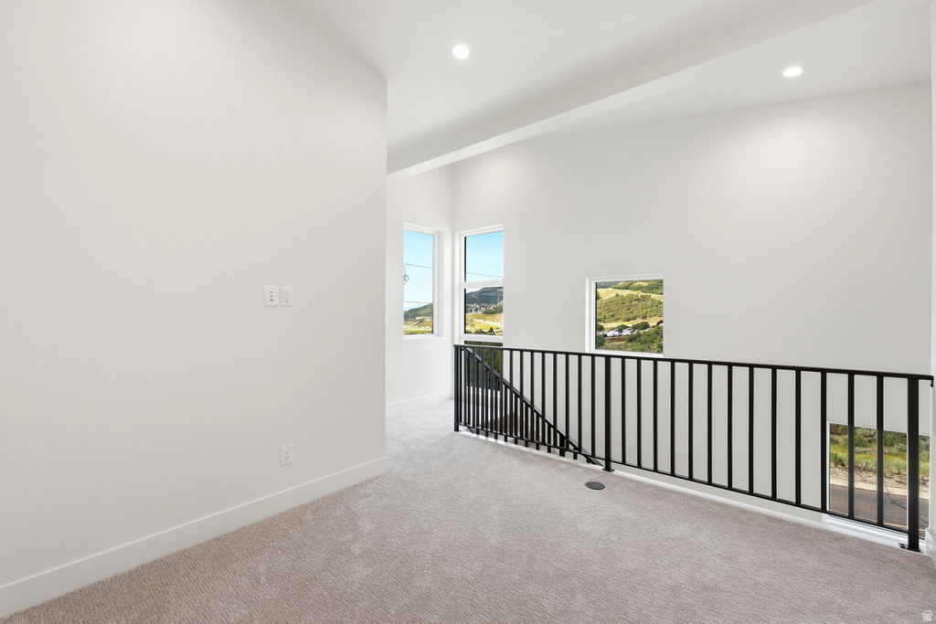 Upper-level landing featuring light gray carpet flooring and white walls