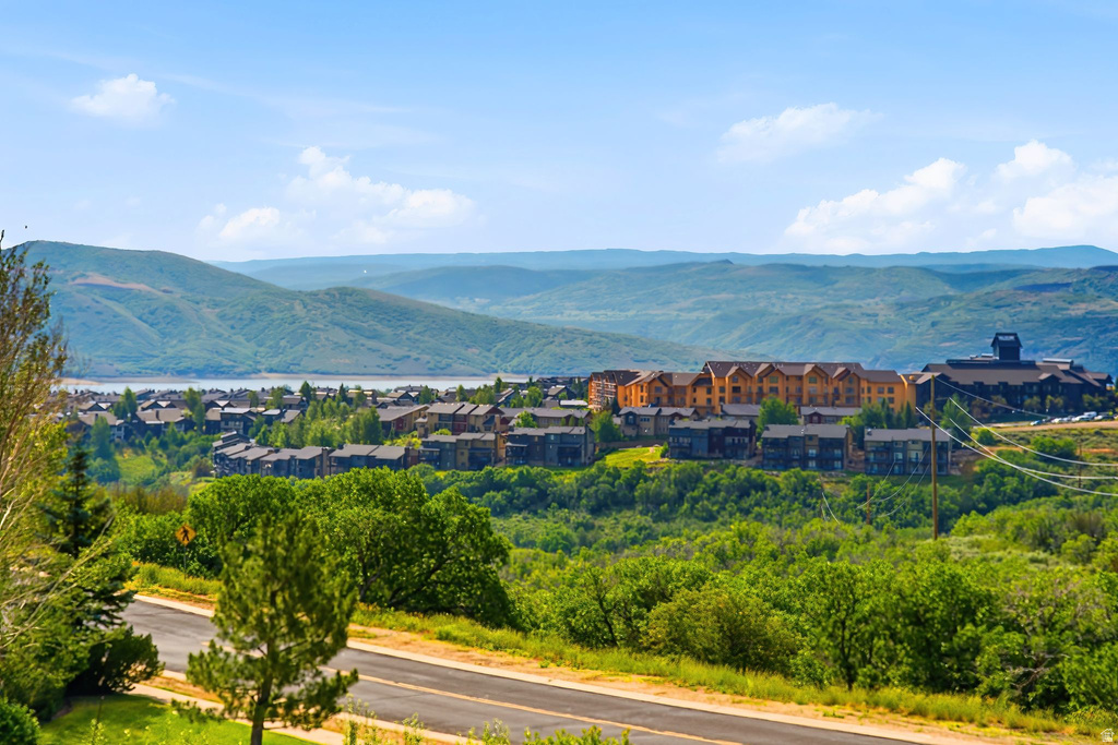 Expansive mountainous landscape with a prominent body of water
