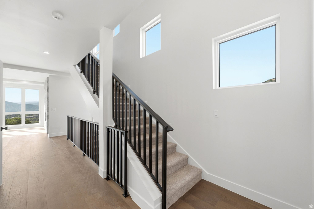 Contemporary hallway featuring light wood-finish flooring and a staircase with black iron railings