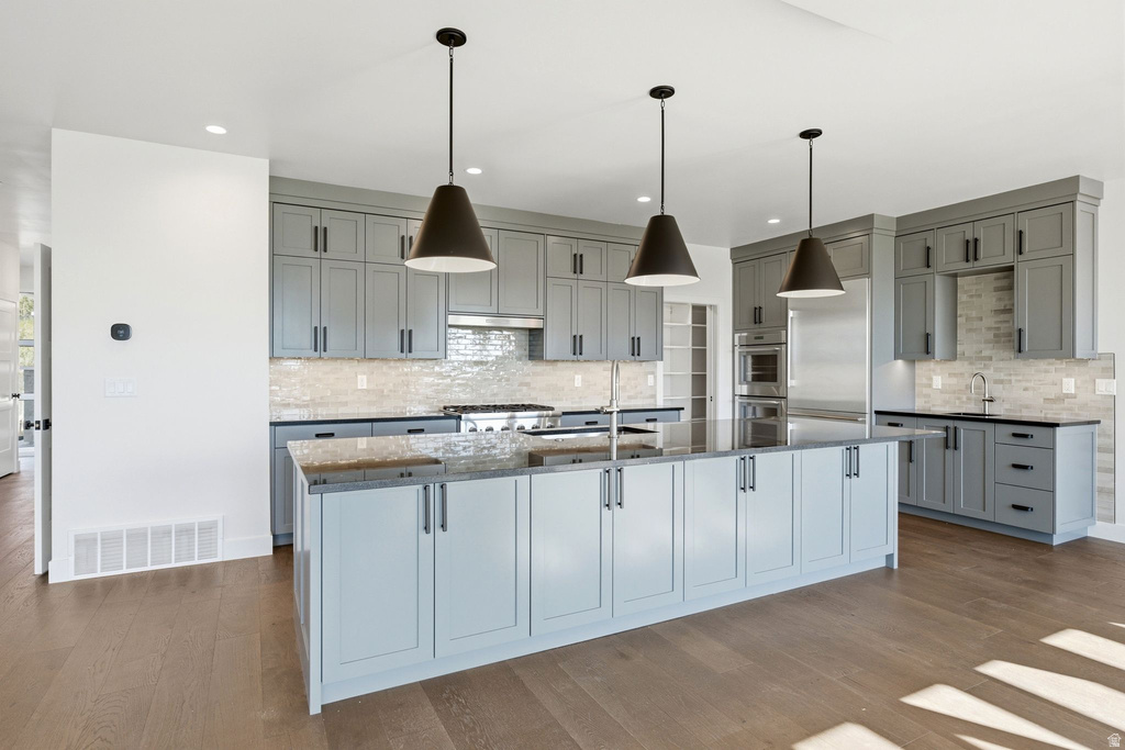Gourmet kitchen featuring a large central island, light gray cabinetry with dark hardware, stone countertops, stainless steel appliances, and wood-finish flooring