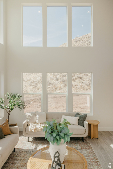 Living room with baseboards, wood finished floors, and a towering ceiling