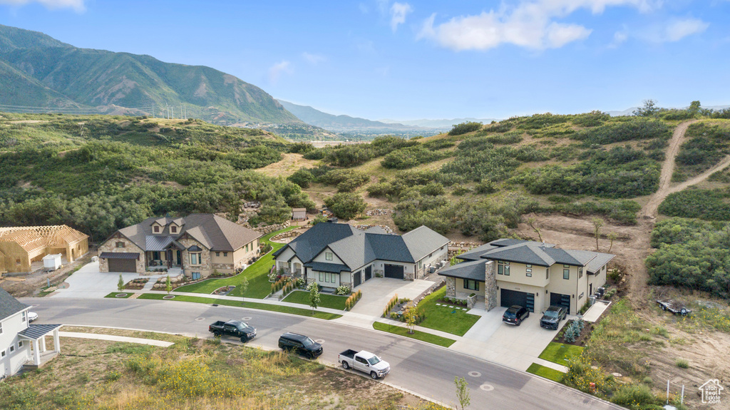 Birds eye view of property with a mountain view and a residential view