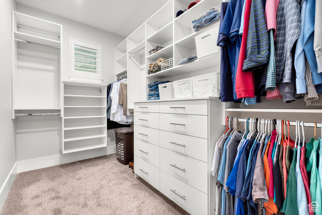 Spacious closet featuring light carpet