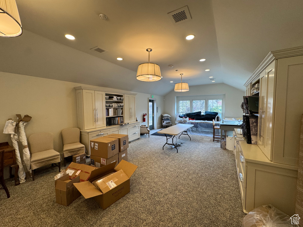 Game room featuring vaulted ceiling, recessed lighting, visible vents, and carpet floors