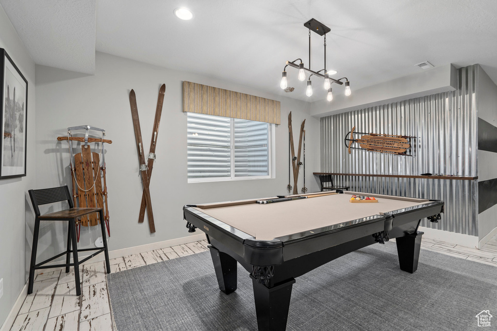 Game room with pool table, recessed lighting, visible vents, and baseboards