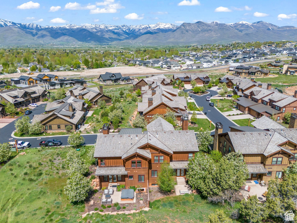 Aerial view of residential area with mountains