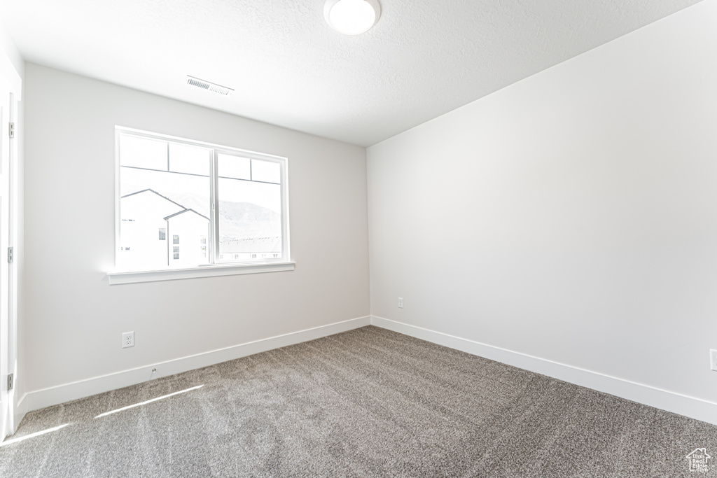 Carpeted empty room featuring baseboards and a textured ceiling